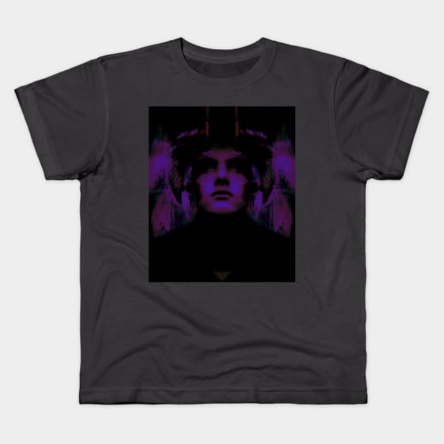 Portrait, digital collage, special processing. Dark, strong. Guy face looking up high. Fantasy. Violet and blue, sci-fi. Kids T-Shirt by 234TeeUser234